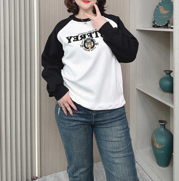 Plus Size Women Hoodie Spring/Autumn Long Sleeve Tops Female Loose Casual Block Color Embroidered Sweatshirt 2203