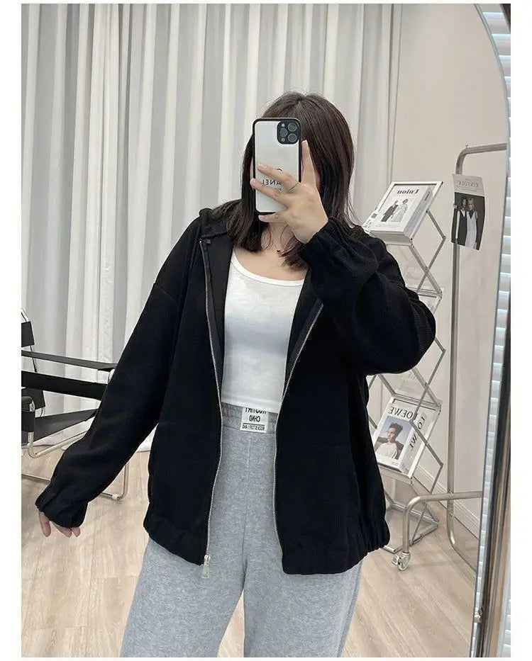 2022 Autumn New Fashion Temperament Korean Plus Size Hoodies Women Loose Casual Waffle Sweatshirt Jacket Solid Elegant Cardigan