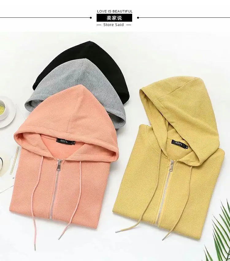 2022 Autumn New Fashion Temperament Korean Plus Size Hoodies Women Loose Casual Waffle Sweatshirt Jacket Solid Elegant Cardigan