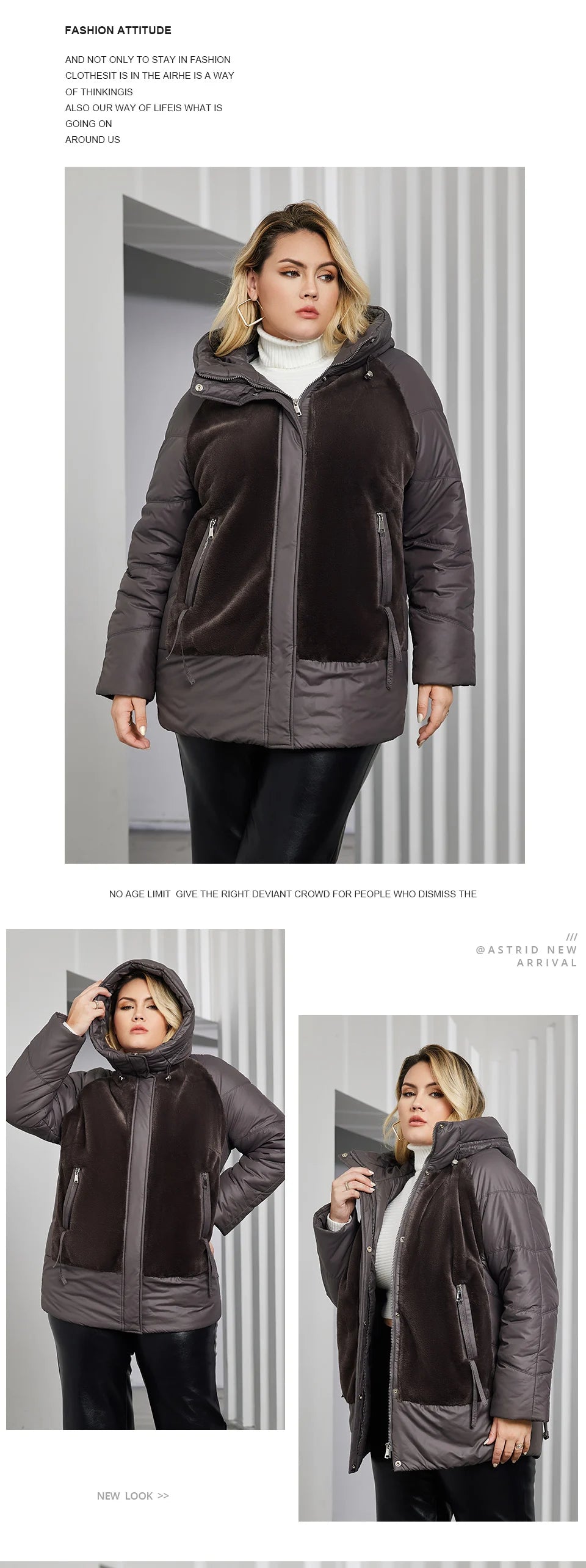Astrid Plus Size Winter Jacket Women Faux Fur Stitching High Quality Wool Warm Fashion Women's Parka Female Plush Coat Hooded