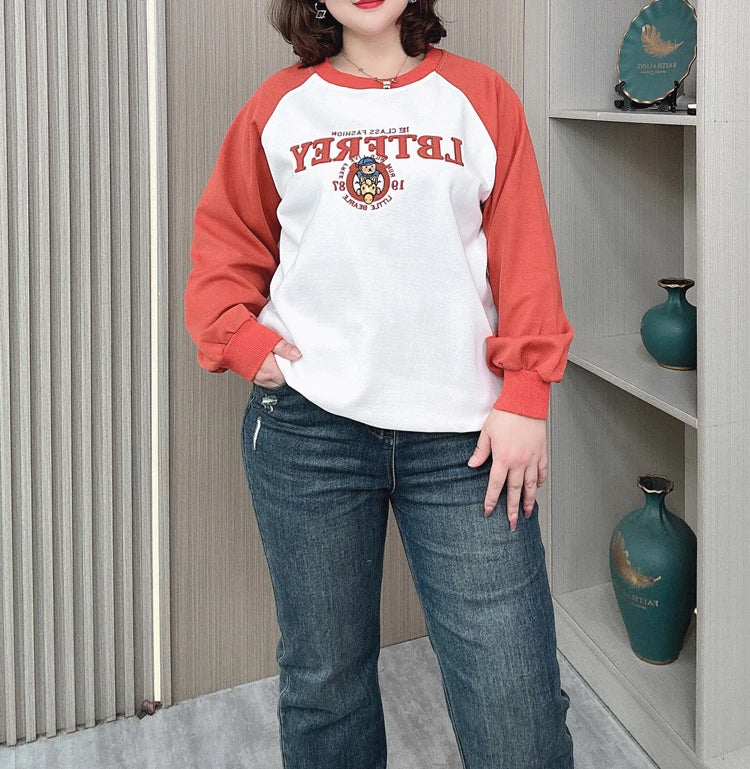 Plus Size Women Hoodie Spring/Autumn Long Sleeve Tops Female Loose Casual Block Color Embroidered Sweatshirt 2203