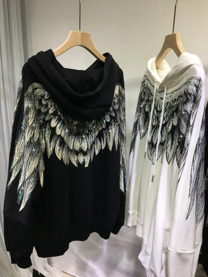 4XL Plus Size Women Clothe Rhinestone Both Wing Hooded Sweatshirt Women Men Couple Long Sleeve Black High Street Luxury Hoodies