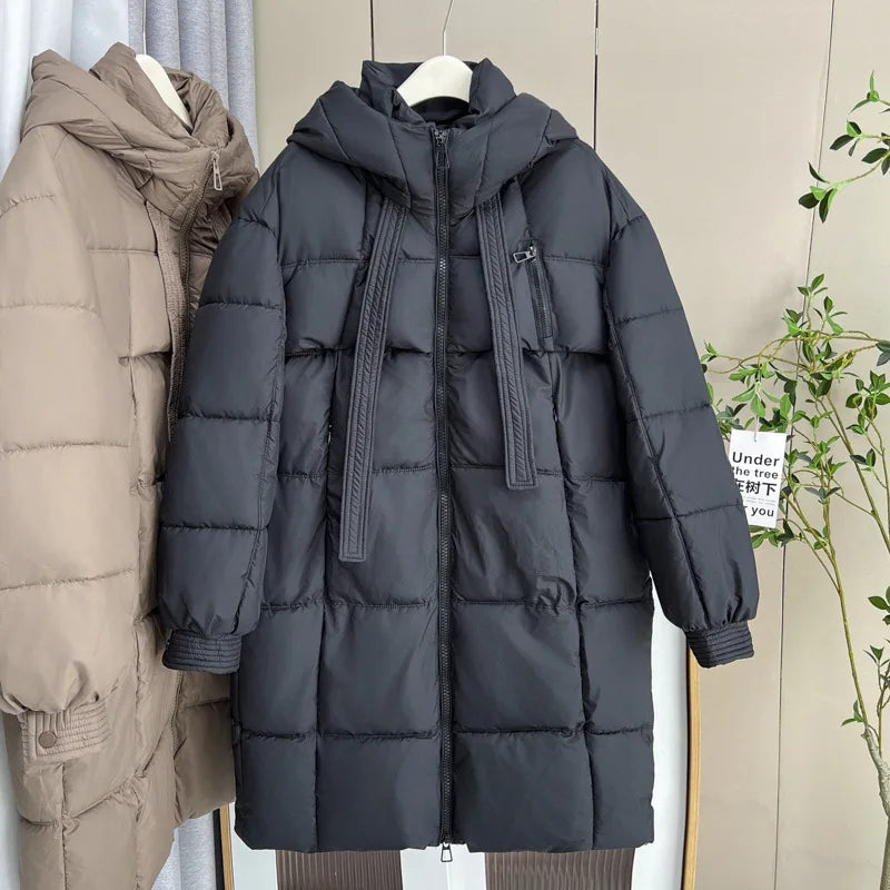 Plus Size Women x-long Parka Winter Loose Design Ribbon Hooded Thicken Warm Cotton-padded Jacket 137