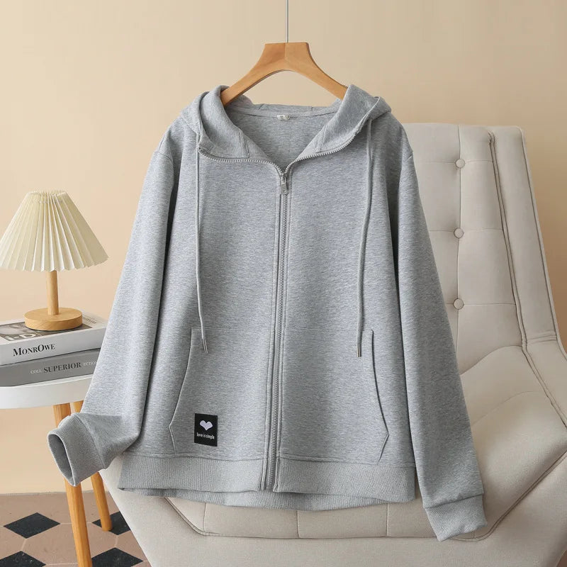 Fall Sports Casual Coat Women 2024 New Plus Size Loose Hooded Sweatshirt Love Label Casual Zip-Up Hoodie 8540