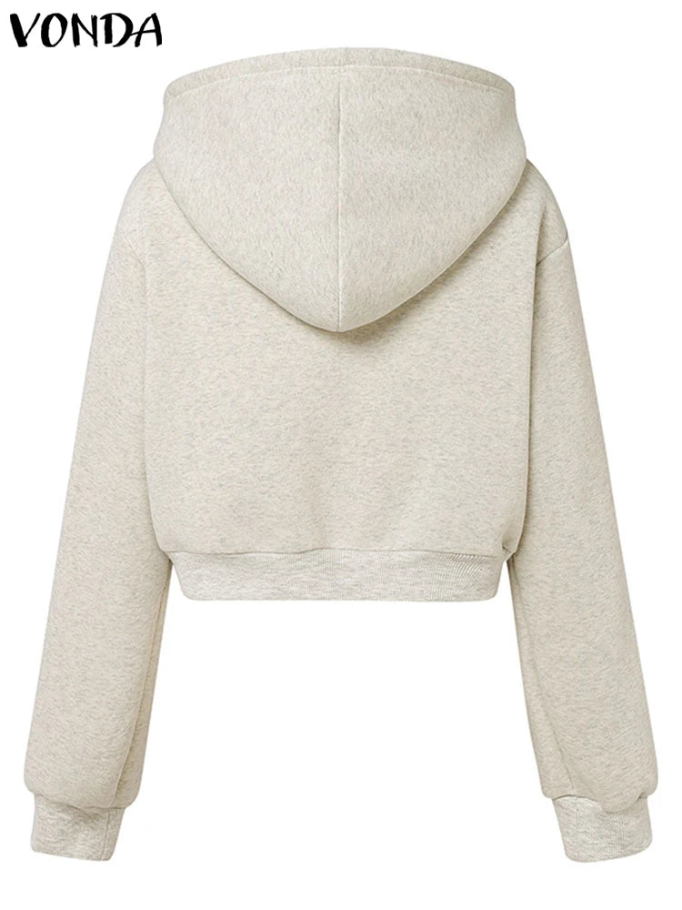 Plus Size VONDA Fashion Hooded Sweatshirts Women Long Sleeve Causal Solid Color Zipper Pullover Soprt Simple Hoodies Oversized