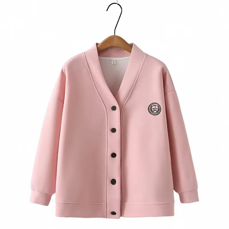 Vintage V-neck Hoodie Cardigan Women Coat Spring/Autumn Plus Size Loose Long Sleeve Baseball Jacket 931