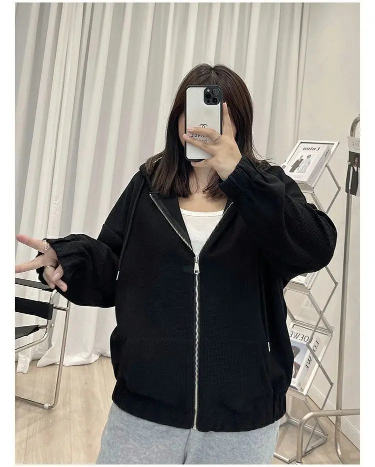 2022 Autumn New Fashion Temperament Korean Plus Size Hoodies Women Loose Casual Waffle Sweatshirt Jacket Solid Elegant Cardigan