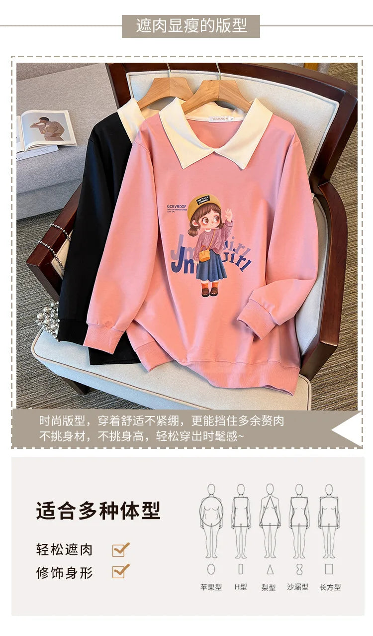 170Kg Plus Size Women's Bust 170 Spring Autumn Loose Lapel Sweatshirt Printed Top Black Pink 5XL 6XL 7XL 8XL 9XL 10XL