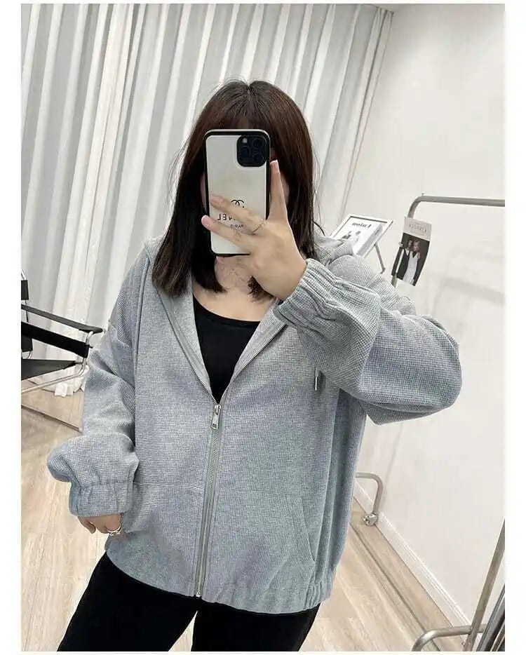 2022 Autumn New Fashion Temperament Korean Plus Size Hoodies Women Loose Casual Waffle Sweatshirt Jacket Solid Elegant Cardigan
