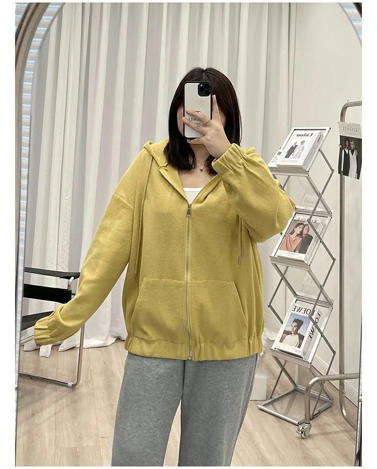 2022 Autumn New Fashion Temperament Korean Plus Size Hoodies Women Loose Casual Waffle Sweatshirt Jacket Solid Elegant Cardigan