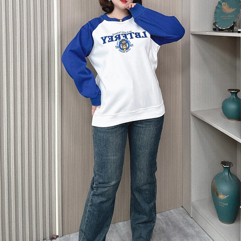 Plus Size Women Hoodie Spring/Autumn Long Sleeve Tops Female Loose Casual Block Color Embroidered Sweatshirt 2203