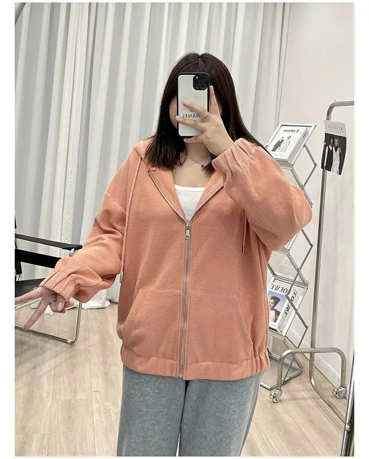 2022 Autumn New Fashion Temperament Korean Plus Size Hoodies Women Loose Casual Waffle Sweatshirt Jacket Solid Elegant Cardigan