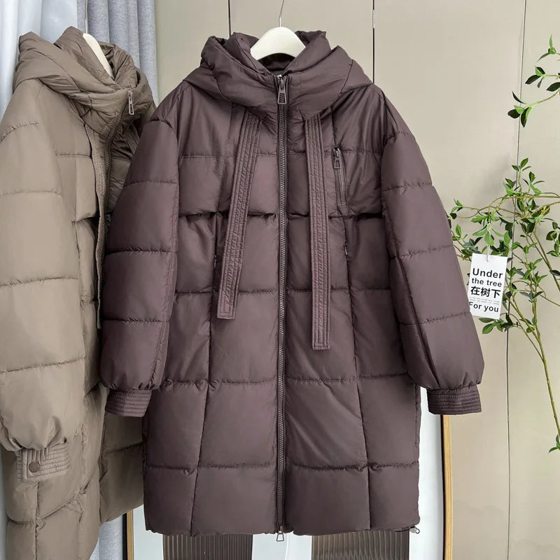 Plus Size Women x-long Parka Winter Loose Design Ribbon Hooded Thicken Warm Cotton-padded Jacket 137