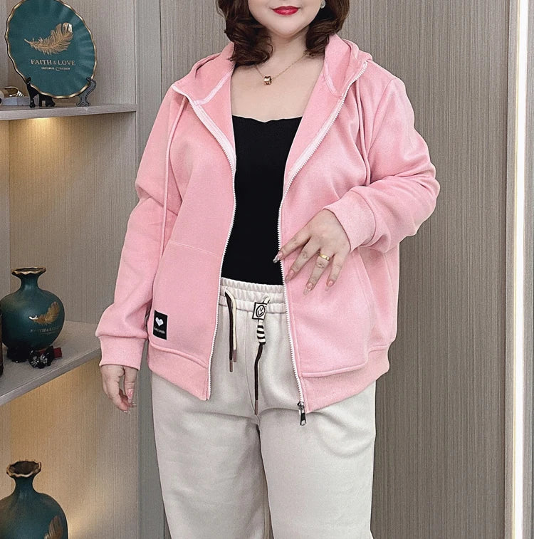 Fall Sports Casual Coat Women 2024 New Plus Size Loose Hooded Sweatshirt Love Label Casual Zip-Up Hoodie 8540