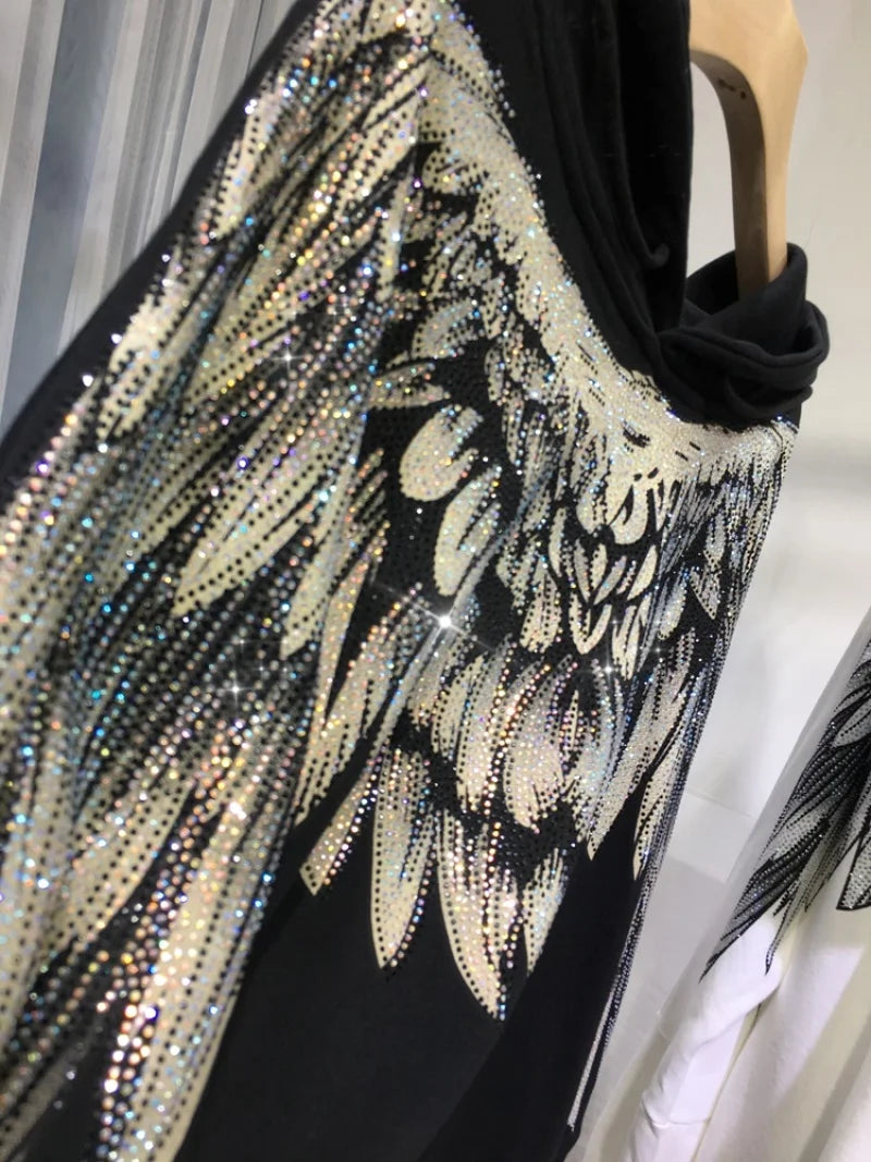 4XL Plus Size Women Clothe Rhinestone Both Wing Hooded Sweatshirt Women Men Couple Long Sleeve Black High Street Luxury Hoodies