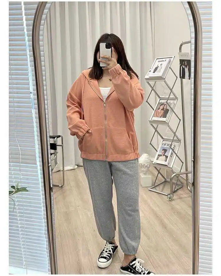 2022 Autumn New Fashion Temperament Korean Plus Size Hoodies Women Loose Casual Waffle Sweatshirt Jacket Solid Elegant Cardigan