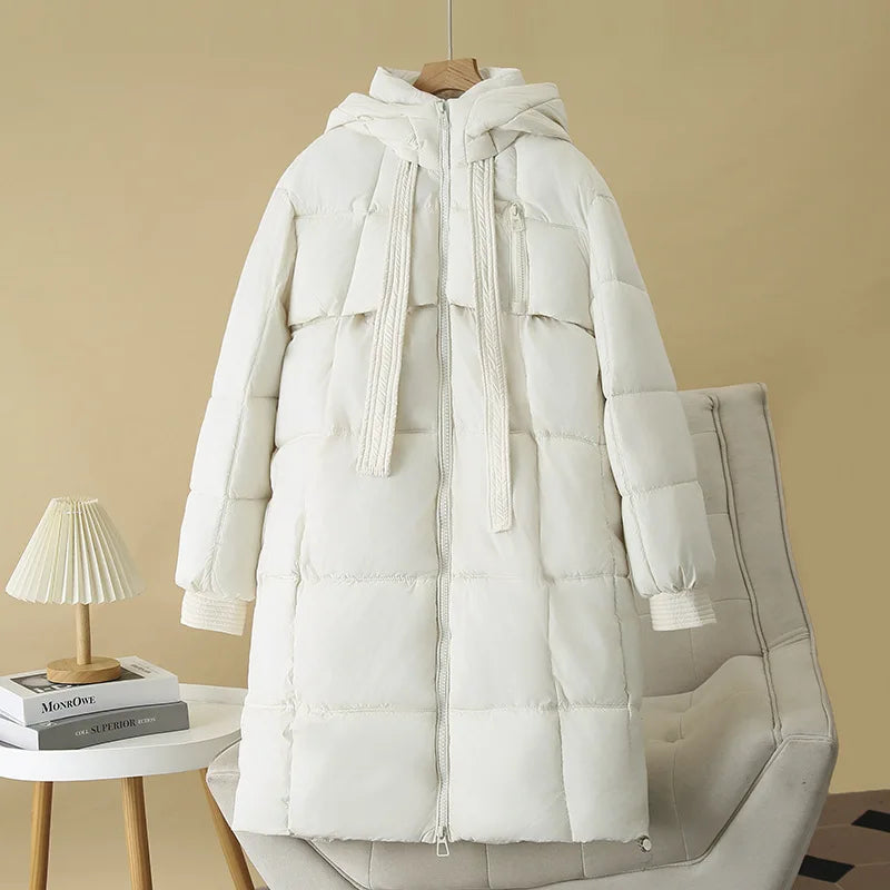 Plus Size Women x-long Parka Winter Loose Design Ribbon Hooded Thicken Warm Cotton-padded Jacket 137