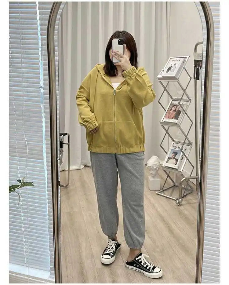2022 Autumn New Fashion Temperament Korean Plus Size Hoodies Women Loose Casual Waffle Sweatshirt Jacket Solid Elegant Cardigan
