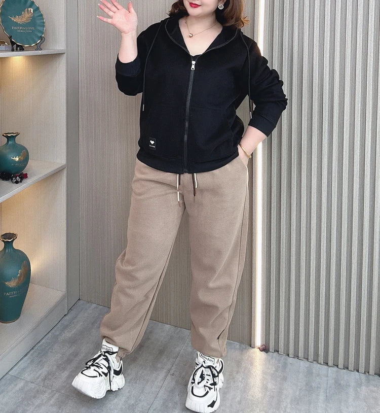 Fall Sports Casual Coat Women 2024 New Plus Size Loose Hooded Sweatshirt Love Label Casual Zip-Up Hoodie 8540