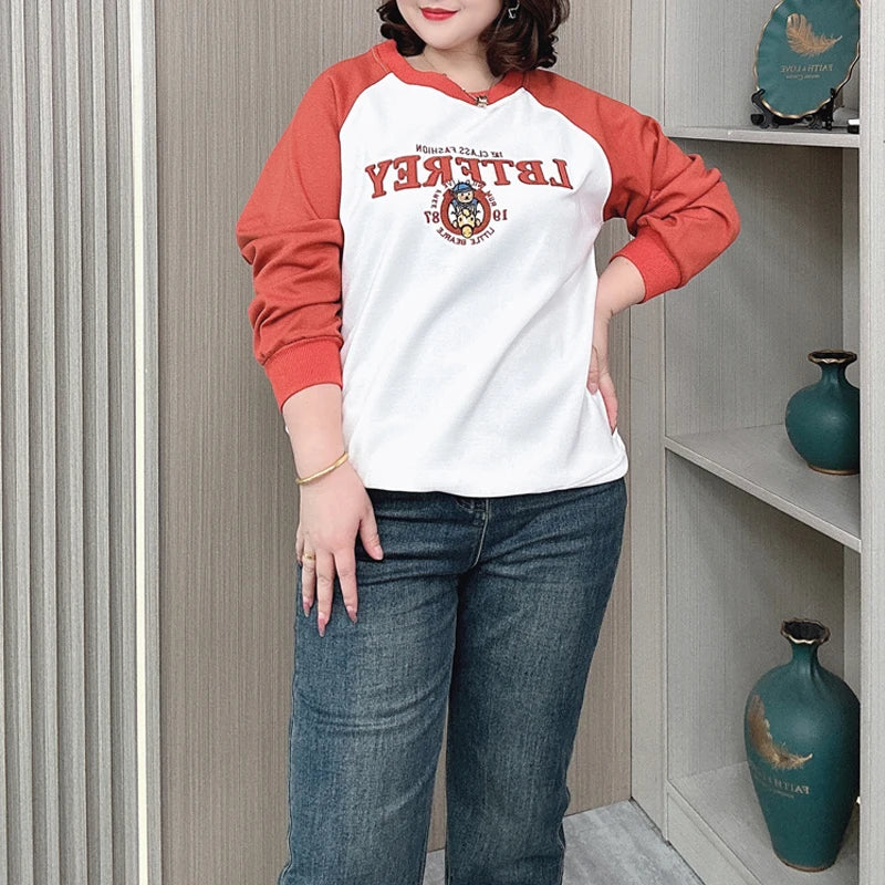 Plus Size Women Hoodie Spring/Autumn Long Sleeve Tops Female Loose Casual Block Color Embroidered Sweatshirt 2203