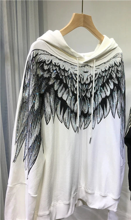 4XL Plus Size Women Clothe Rhinestone Both Wing Hooded Sweatshirt Women Men Couple Long Sleeve Black High Street Luxury Hoodies
