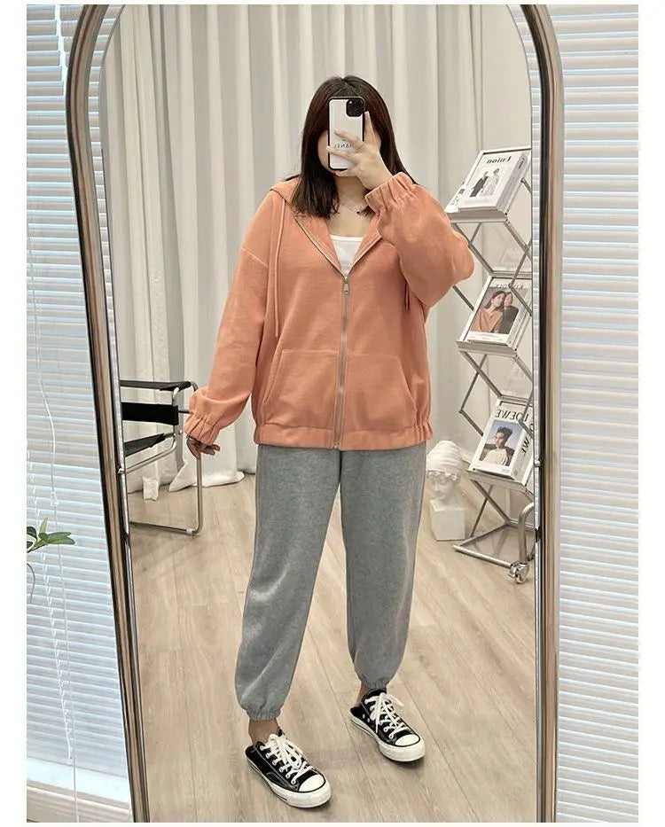 2022 Autumn New Fashion Temperament Korean Plus Size Hoodies Women Loose Casual Waffle Sweatshirt Jacket Solid Elegant Cardigan