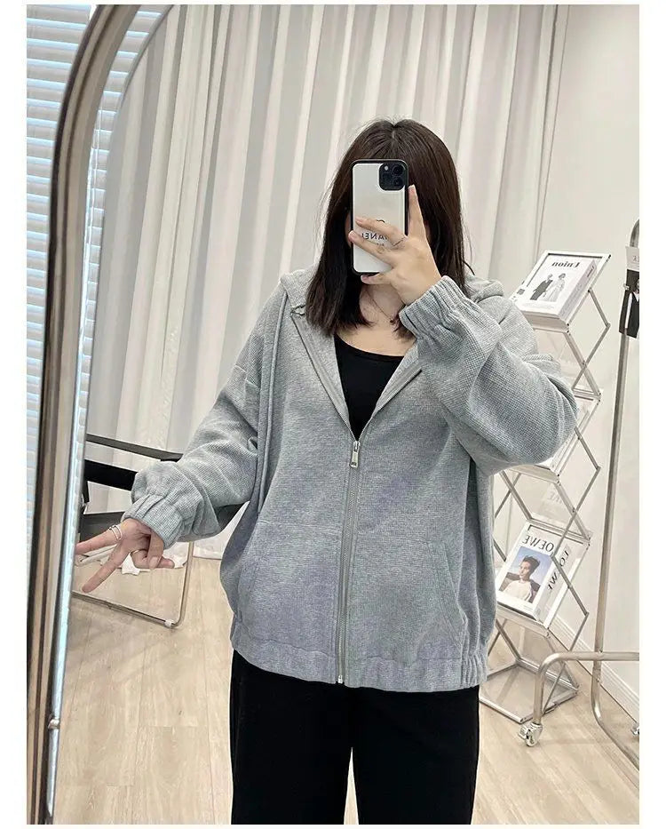 2022 Autumn New Fashion Temperament Korean Plus Size Hoodies Women Loose Casual Waffle Sweatshirt Jacket Solid Elegant Cardigan