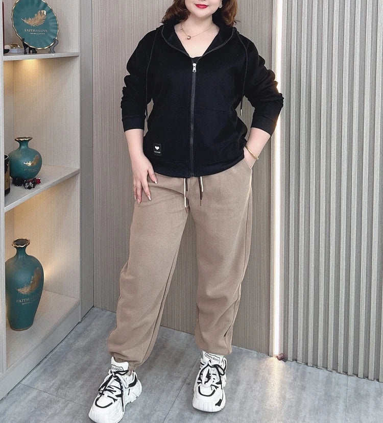 Fall Sports Casual Coat Women 2024 New Plus Size Loose Hooded Sweatshirt Love Label Casual Zip-Up Hoodie 8540