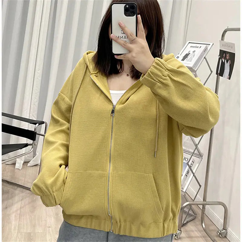 2022 Autumn New Fashion Temperament Korean Plus Size Hoodies Women Loose Casual Waffle Sweatshirt Jacket Solid Elegant Cardigan