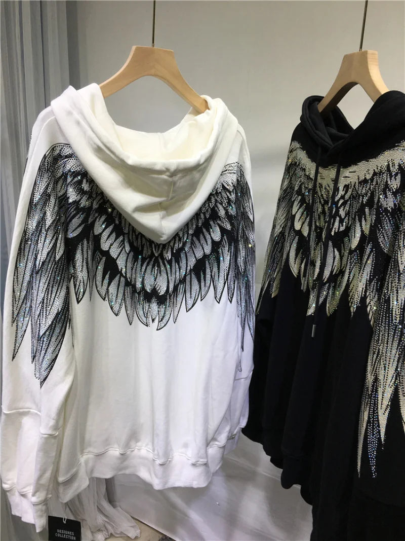 4XL Plus Size Women Clothe Rhinestone Both Wing Hooded Sweatshirt Women Men Couple Long Sleeve Black High Street Luxury Hoodies