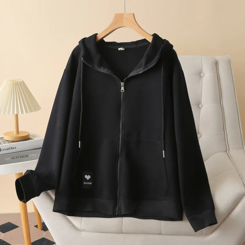 Fall Sports Casual Coat Women 2024 New Plus Size Loose Hooded Sweatshirt Love Label Casual Zip-Up Hoodie 8540