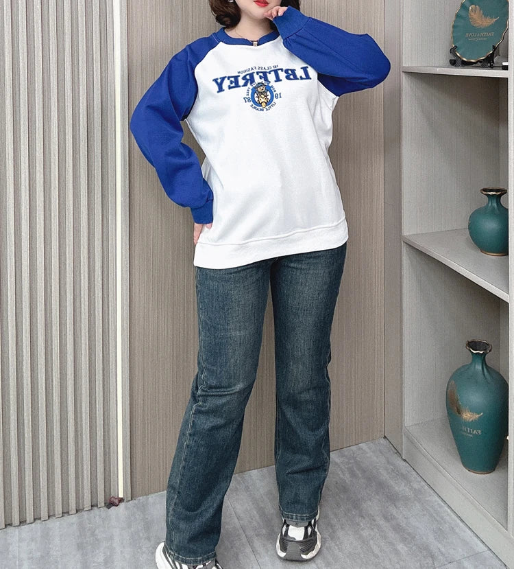 Plus Size Women Hoodie Spring/Autumn Long Sleeve Tops Female Loose Casual Block Color Embroidered Sweatshirt 2203
