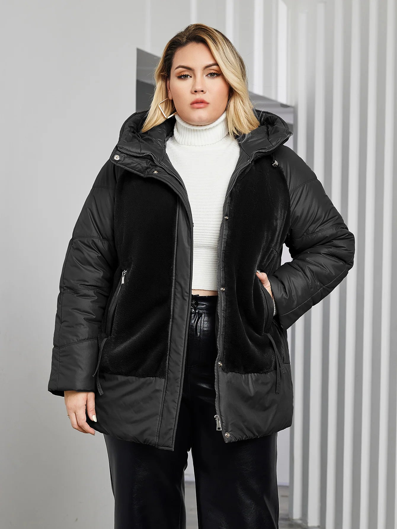 Astrid Plus Size Winter Jacket Women Faux Fur Stitching High Quality Wool Warm Fashion Women's Parka Female Plush Coat Hooded