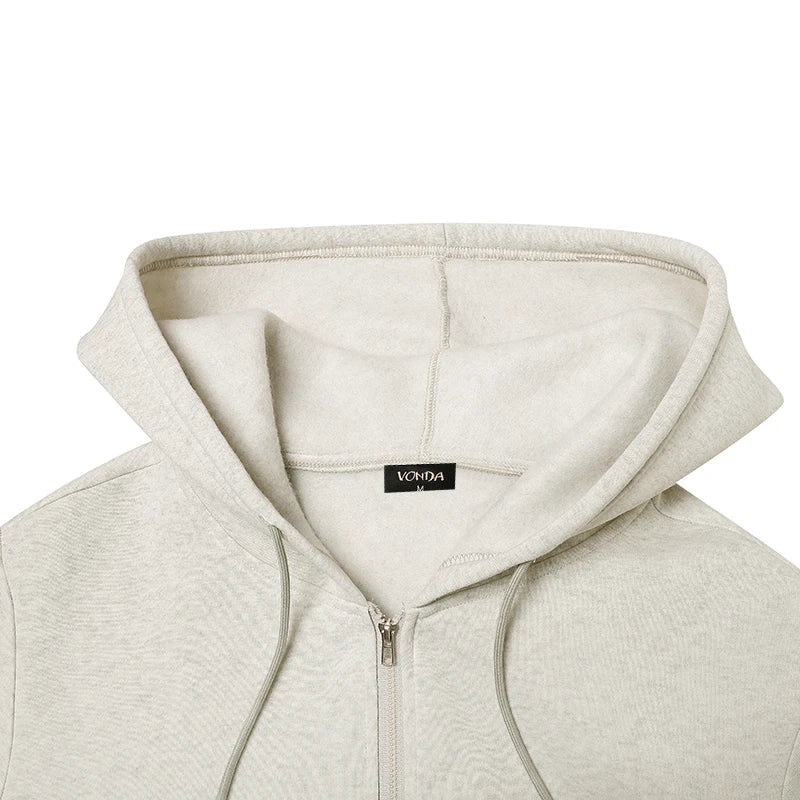 Plus Size VONDA Fashion Hooded Sweatshirts Women Long Sleeve Causal Solid Color Zipper Pullover Soprt Simple Hoodies Oversized
