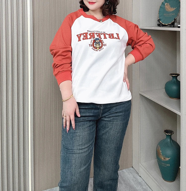 Plus Size Women Hoodie Spring/Autumn Long Sleeve Tops Female Loose Casual Block Color Embroidered Sweatshirt 2203