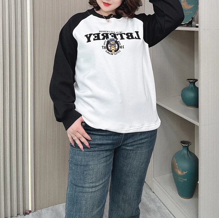 Plus Size Women Hoodie Spring/Autumn Long Sleeve Tops Female Loose Casual Block Color Embroidered Sweatshirt 2203