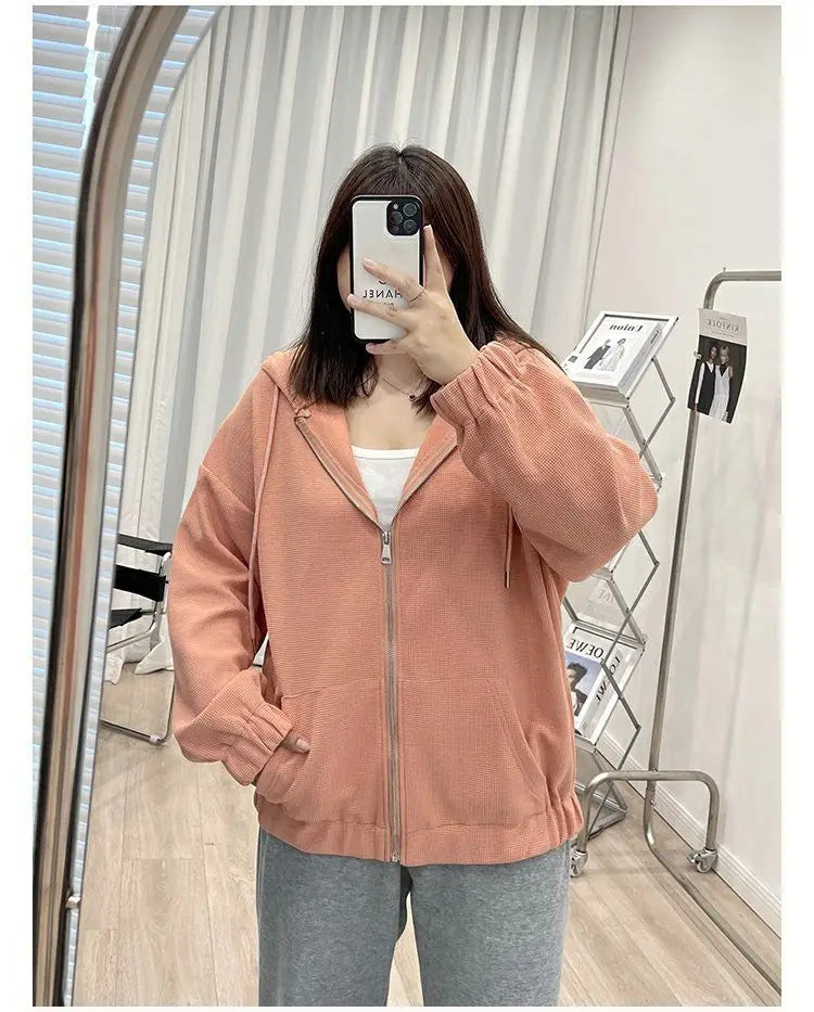 2022 Autumn New Fashion Temperament Korean Plus Size Hoodies Women Loose Casual Waffle Sweatshirt Jacket Solid Elegant Cardigan