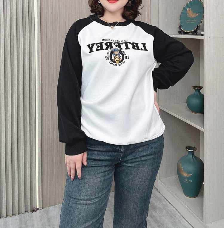 Plus Size Women Hoodie Spring/Autumn Long Sleeve Tops Female Loose Casual Block Color Embroidered Sweatshirt 2203