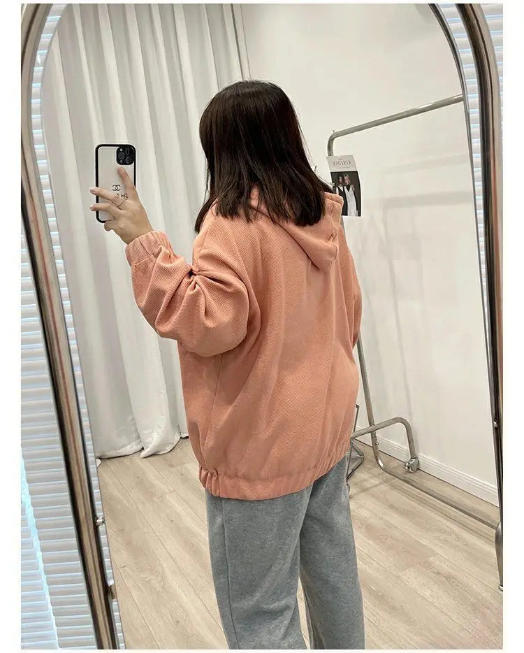 2022 Autumn New Fashion Temperament Korean Plus Size Hoodies Women Loose Casual Waffle Sweatshirt Jacket Solid Elegant Cardigan
