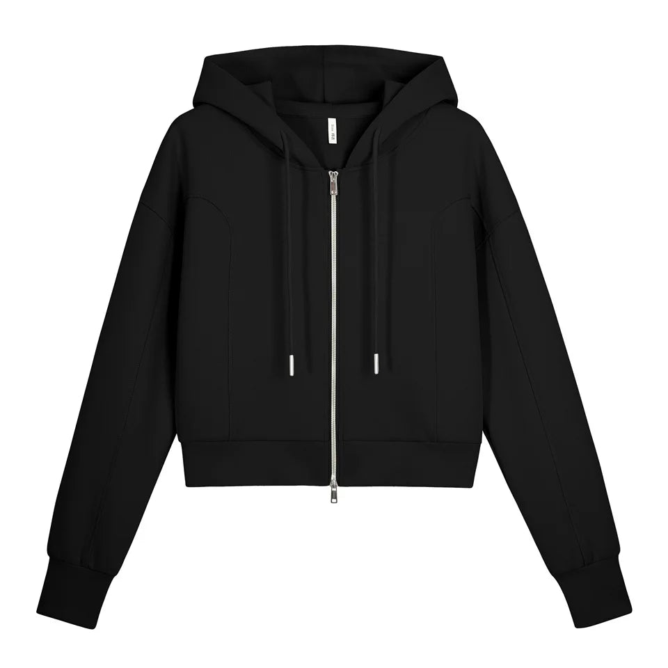 GIBSIE Plus Size Long Sleeve Zip Up Cropped Hoodies Women Spring Autumn Drawstring Hooded Casual Short Woman Tracksuit Tops New