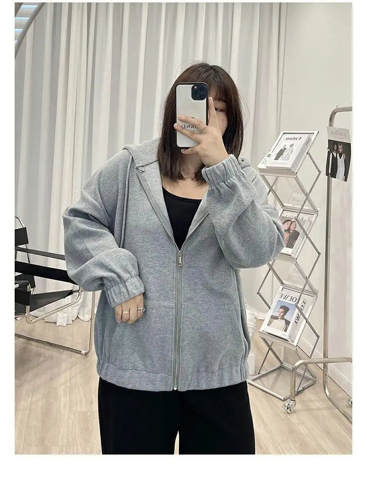 2022 Autumn New Fashion Temperament Korean Plus Size Hoodies Women Loose Casual Waffle Sweatshirt Jacket Solid Elegant Cardigan