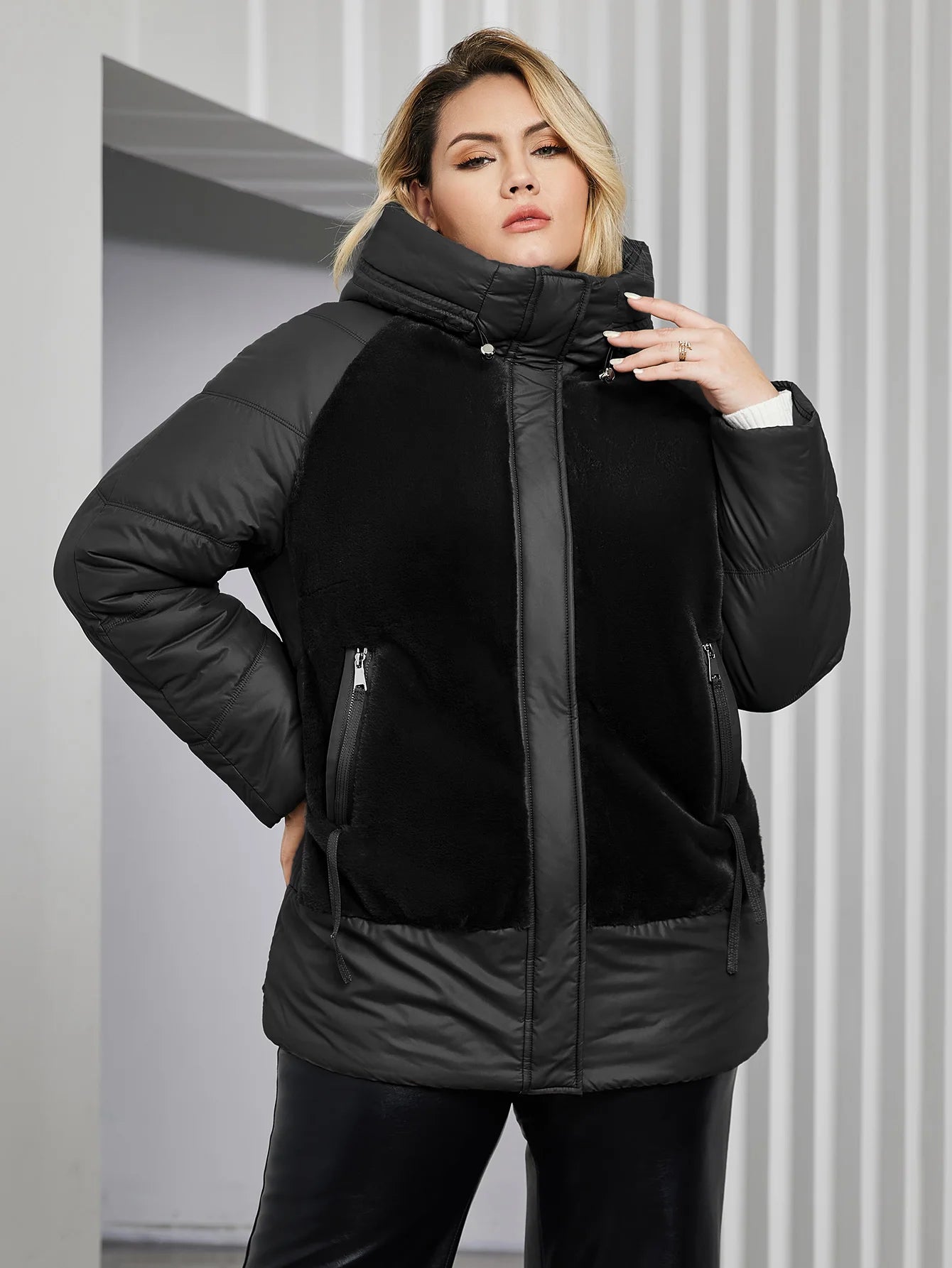 Astrid Plus Size Winter Jacket Women Faux Fur Stitching High Quality Wool Warm Fashion Women's Parka Female Plush Coat Hooded