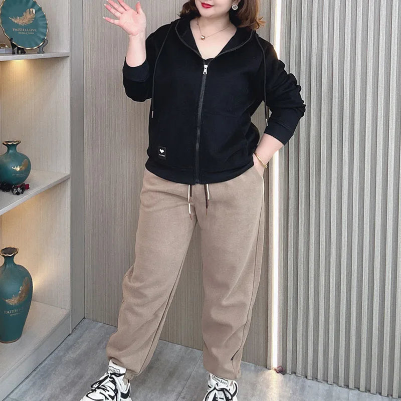 Fall Sports Casual Coat Women 2024 New Plus Size Loose Hooded Sweatshirt Love Label Casual Zip-Up Hoodie 8540