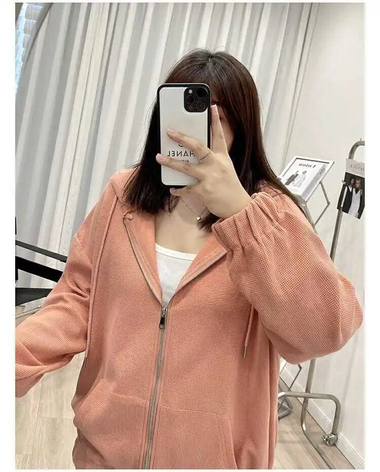 2022 Autumn New Fashion Temperament Korean Plus Size Hoodies Women Loose Casual Waffle Sweatshirt Jacket Solid Elegant Cardigan