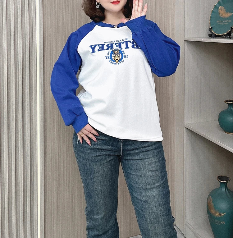Plus Size Women Hoodie Spring/Autumn Long Sleeve Tops Female Loose Casual Block Color Embroidered Sweatshirt 2203