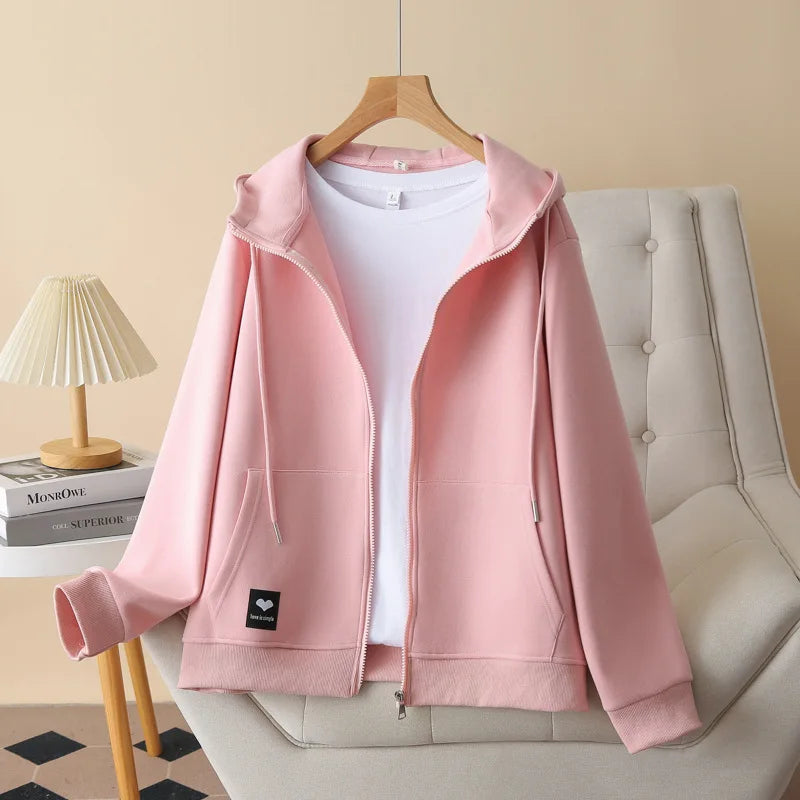 Fall Sports Casual Coat Women 2024 New Plus Size Loose Hooded Sweatshirt Love Label Casual Zip-Up Hoodie 8540