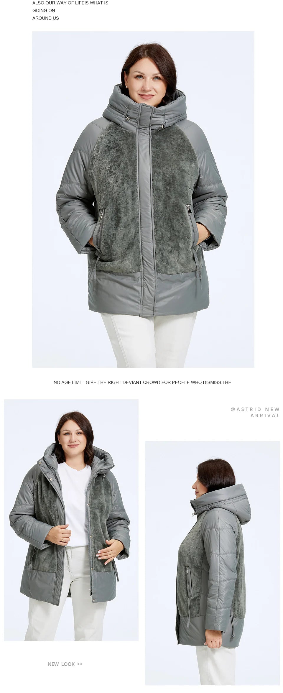 Astrid Plus Size Winter Jacket Women Faux Fur Stitching High Quality Wool Warm Fashion Women's Parka Female Plush Coat Hooded