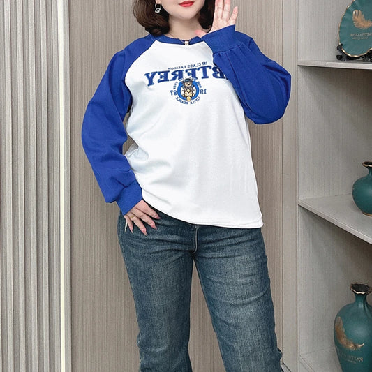 Plus Size Women Hoodie Spring/Autumn Long Sleeve Tops Female Loose Casual Block Color Embroidered Sweatshirt 2203