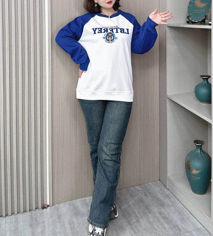 Plus Size Women Hoodie Spring/Autumn Long Sleeve Tops Female Loose Casual Block Color Embroidered Sweatshirt 2203