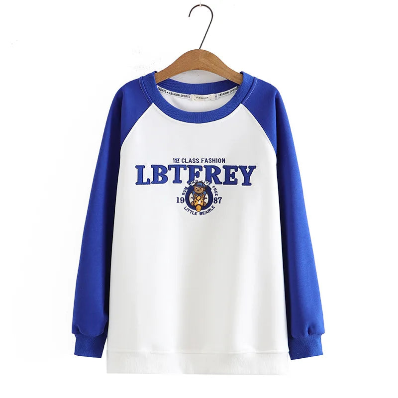 Plus Size Women Hoodie Spring/Autumn Long Sleeve Tops Female Loose Casual Block Color Embroidered Sweatshirt 2203